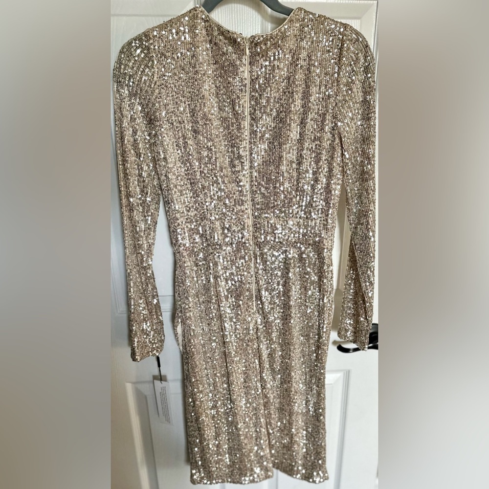RARE CALVIN KLEIN NWT Sequined Faux-Wrap Dress in Light Gold—4 - Picture 11 of 13